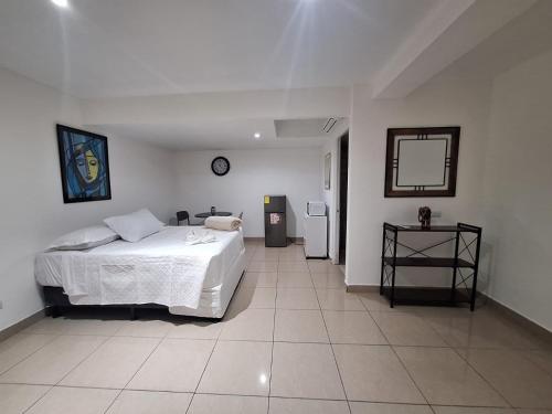 a bedroom with a bed and a mirror on the wall at Apartahotel del Paseo in San José