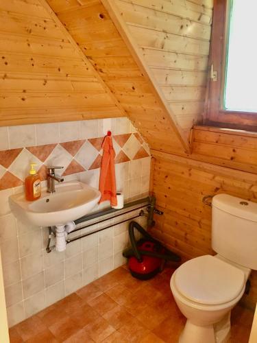 a bathroom with a sink and a toilet at Kis ház az erdő mellett - Little house next to the forest in Balatonakarattya
