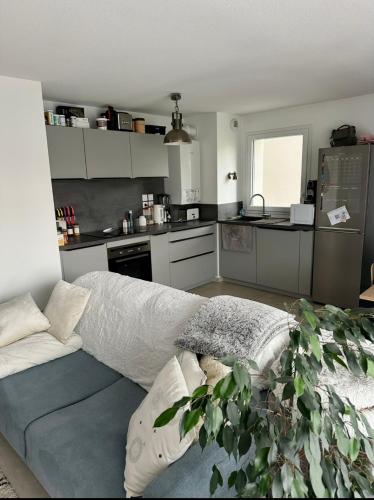 un salon avec un canapé et une cuisine dans l'établissement Appartement calme avec vue lac, à Excenevex