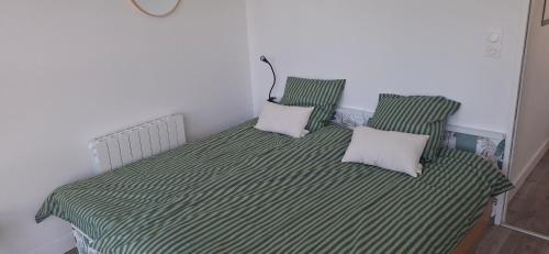 - un lit vert et blanc avec 2 oreillers dans l'établissement Appartement 2 chambres proche mer et centre ville, à Bretignolles-sur-Mer