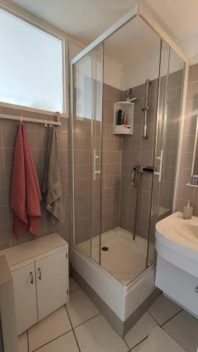 une salle de bain avec une douche, des toilettes et un lavabo dans l'établissement Posé sur la plage plein centre ville, à Dinard