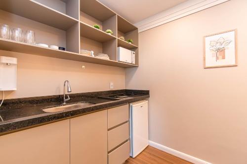 a kitchen with a sink and shelves at BSB STAY Torre Flats Particulares - Mercure Líder in Brasilia
