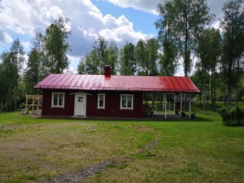 a red house with a red roof in a field at Nybyggd stuga i naturskönt läge in Sunne