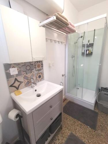 une salle de bain avec un lavabo blanc et une douche dans l'établissement Le Clos Saint Martin, à Fresnes-lès-Reims