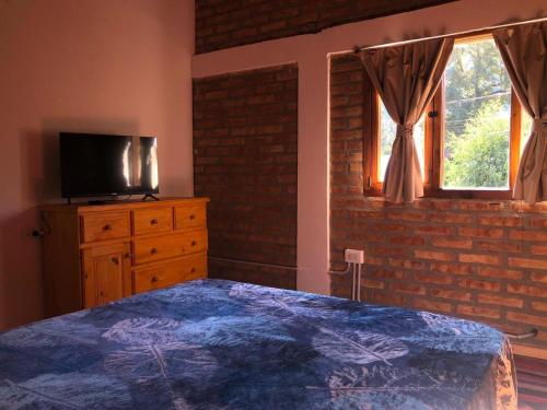 a bedroom with a bed and a tv and a brick wall at Cabaña Trabun Lago Puelo in Lago Puelo