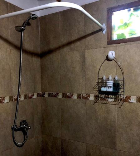 a shower with a shower head in a bathroom at Cabaña Trabun Lago Puelo in Lago Puelo