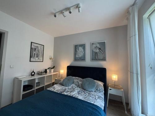 a bedroom with a blue bed with two pillows on it at Apartament Kalina in Lublin
