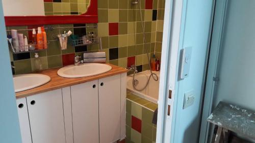une salle de bain avec deux lavabos et une douche dans l'établissement Appartement parisien en bas de Montmatre, à Paris