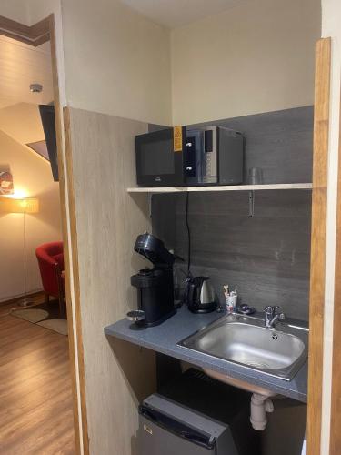 une cuisine avec un évier et un micro-ondes dans l'établissement La Pomme de Pin, à Senonches