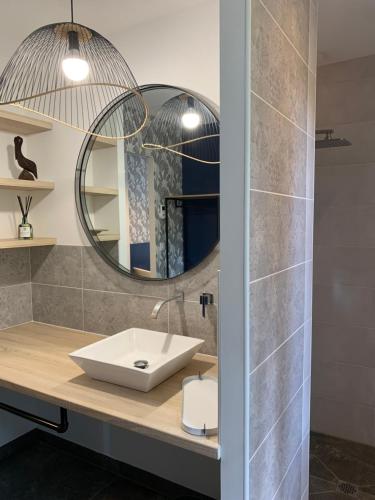 une salle de bain avec un lavabo et un miroir dans l'établissement Le chant des cigales, à Villemoustaussou