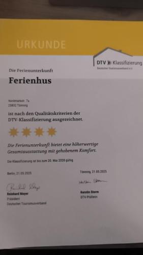 Certifikát, hodnocení, plakát nebo jiný dokument vystavený v ubytování Ferienhus
