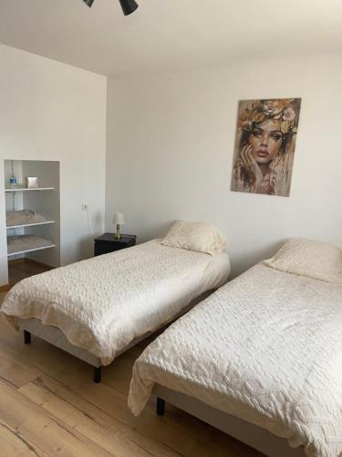 a bedroom with two beds and a painting on the wall at Maison calme à la campagne in Cléré-les-Pins