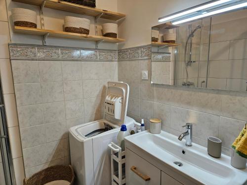 une salle de bain avec un lavabo et une machine à laver dans l'établissement Antibes carré d'or 3P Albert 1er Le Gazan, à Antibes