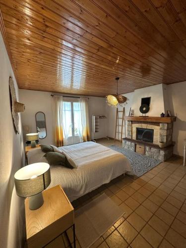 - une chambre avec un grand lit et une cheminée dans l'établissement La CONSTELLATION, à LʼÉpine
