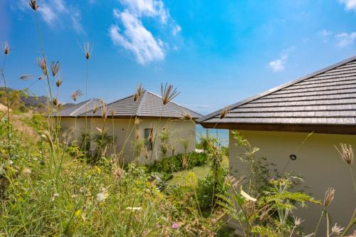 a house on a hill with a field of grass at Crown Retreat Quy Nhon Resort in Quy Nhon