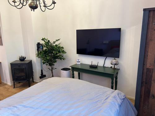a bedroom with a bed and a flat screen tv at Voorstraat 30 Studio in Colijnsplaat