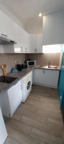 une cuisine avec un lave-linge au milieu dans l'établissement Charmant 2 pièces, à Nice