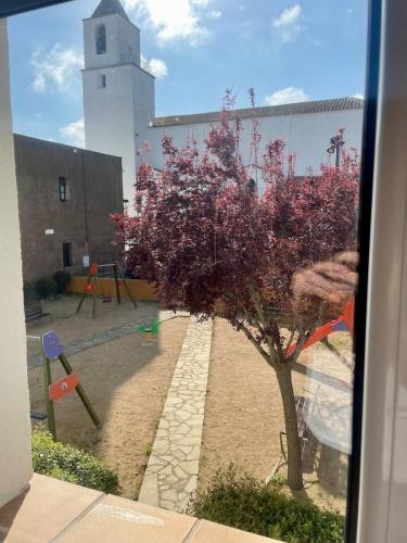 a tree with purple leaves in front of a building at Confort al cor de Calella in Palafrugell