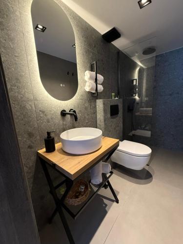 a bathroom with a sink and a toilet at G&S Dionisiou Apartment in Paralia Dionysiou