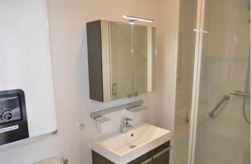 une salle de bain avec un lavabo, une douche et un miroir dans l'établissement Lumineux studio meublé au centre-ville, à Aix-les-Bains