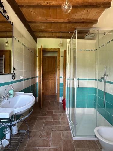 a bathroom with a sink and a shower at Agriturismo Le Rocchette in Rocchette