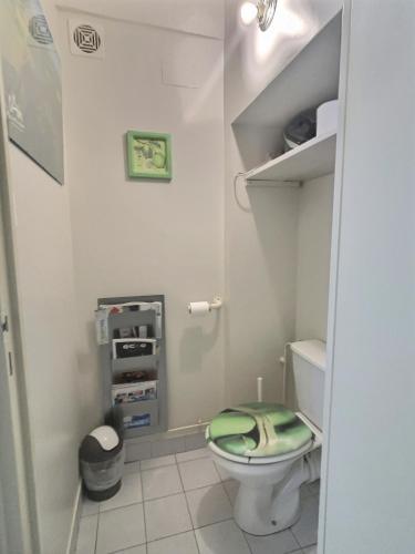 La salle de bains est pourvue de toilettes avec un siège vert. dans l'établissement Gîte pomme verte, à Vonnas