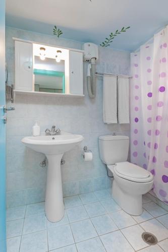 a bathroom with a sink and a toilet and a mirror at Haraki De Sol Beach Apartments in Haraki