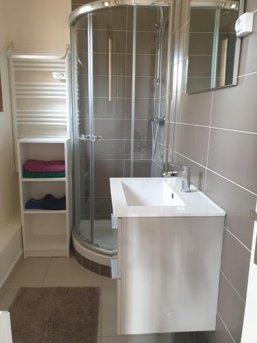 une salle de bain avec un lavabo et une douche dans l'établissement Studio avec jardin proche de la Mer, au Pradet