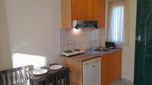 a small kitchen with a sink and a counter at Anabelis studios & apartments in Katelios