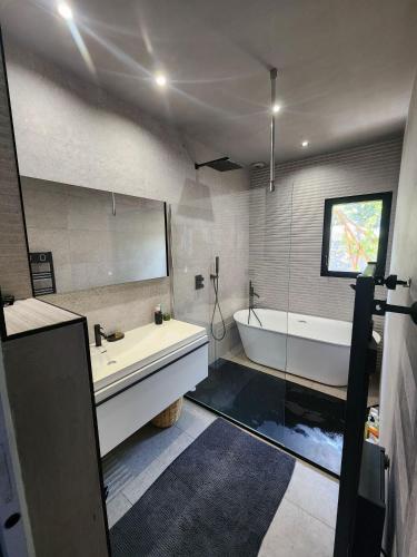 une salle de bain avec une baignoire et un lavabo et une baignoire dans l'établissement Charming villa in the heart of the Mediterranean Garrigue, à Nîmes