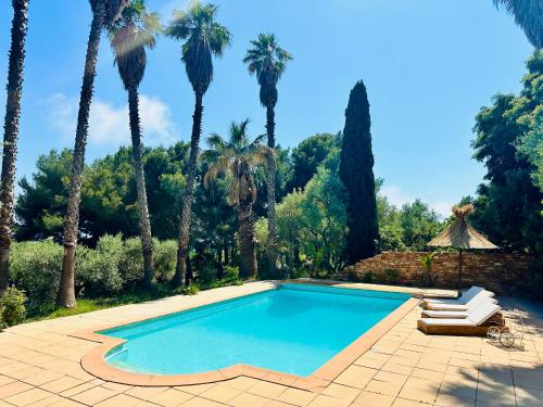 une piscine dans une cour avec des palmiers dans l'établissement Villa Esden & adjoined outbuilding - Sea view, swimming pool, air conditioning, absolute calm, 5000 m2 land, à La Ciotat
