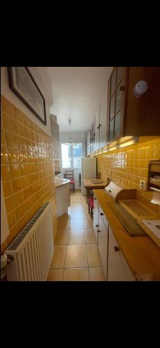 a kitchen with yellow tiles on the walls and a kitchen counters at Appartement avec Terrasse 14 ème in Paris
