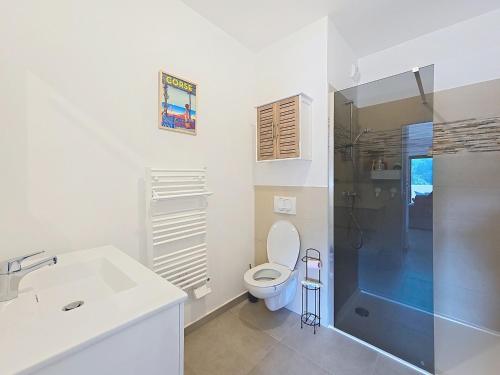une salle de bain avec toilettes, lavabo et douche dans l'établissement appartement T2 rive sud porticcio vue mer, à Pietrosella