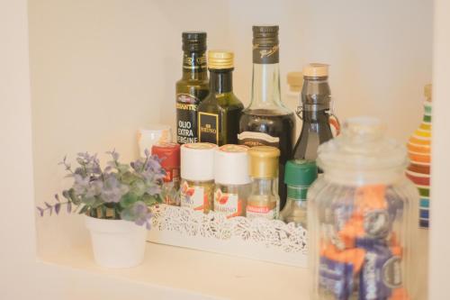 a shelf with bottles of alcohol and a potted plant at Ad un passo da Cisternino - Trulli con Camino, Foresta e BBQ in Cisternino