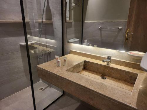 a bathroom with a large sink and a shower at فندق الحسين السياحي in Asyut