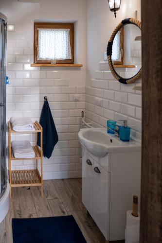a bathroom with a sink and a mirror at Słowicze Gniazdo Kopalino in Kopalino