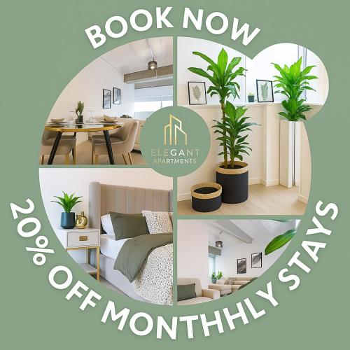 a collage of photos of a bedroom and a room with plants at Station House in Milton Keynes
