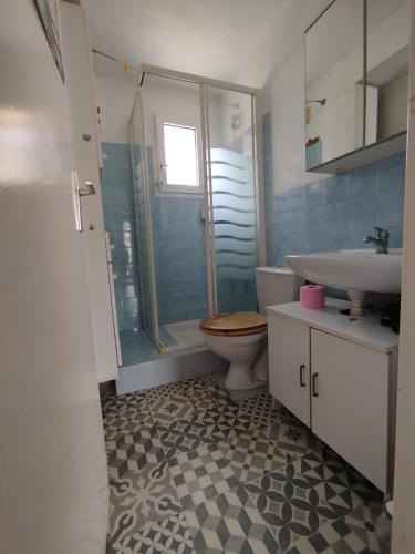 une salle de bain avec toilettes, lavabo et douche dans l'établissement Studio carnac, à Carnac