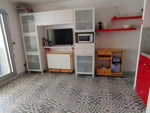 Il comprend un salon avec une télévision et un four micro-ondes. dans l'établissement Studio carnac, à Carnac