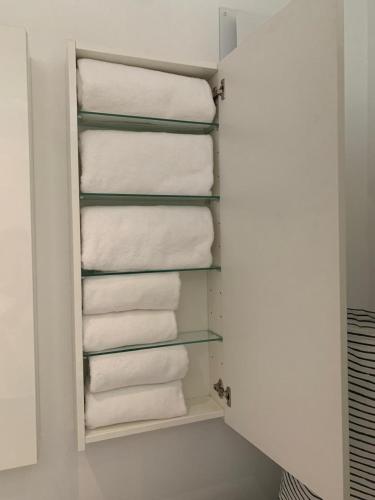 a closet filled with towels in a bathroom at Appartement am Bahnhof in Straubing