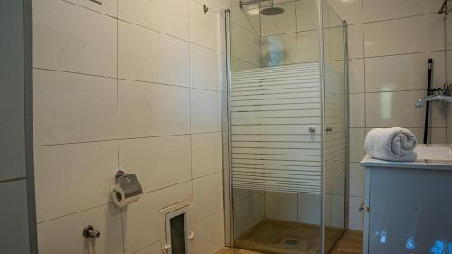 a shower with a glass door next to a sink at אדום 179, דירות נופש in Eilat