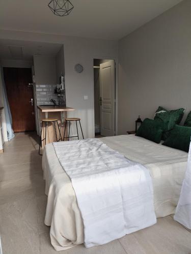 une chambre avec un grand lit blanc et une cuisine dans l'établissement Studio plein centre, à Aix-en-Provence
