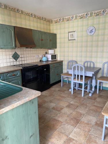 a kitchen with green cabinets and a table and chairs at Railway Bar Apartment in Poyntz Pass