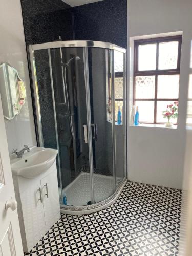 a bathroom with a shower and a sink at Railway Bar Apartment in Poyntz Pass