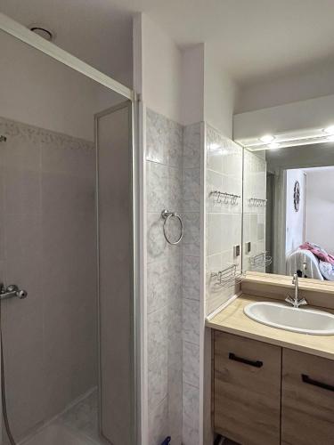 une salle de bain avec douche et lavabo dans l'établissement Mazet climatisé avec piscine & tennis Résidence calme proche Lavandou, à Bormes-les-Mimosas