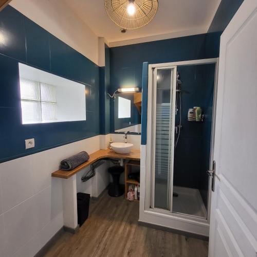 La salle de bains est pourvue de murs bleus, d'un lavabo et d'une douche. dans l'établissement La Cale en Vue, à Fouesnant