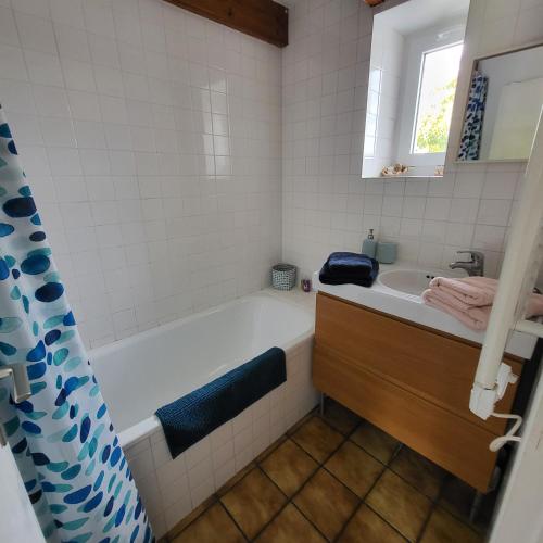 une salle de bain avec une baignoire et un lavabo dans l'établissement La maison d'étape, à Saint-Évarzec