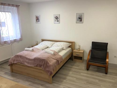 a bedroom with a bed and a chair at Mini Zoo Rezidencia in Nagykanizsa