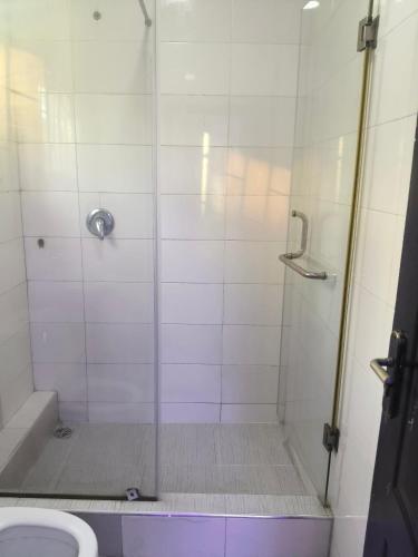 a bathroom with a glass shower with a toilet at Studio apartment GRA IKeja in Ikeja