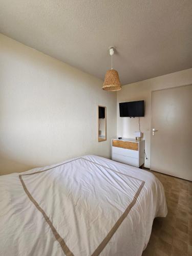 - une chambre avec un grand lit et une télévision dans l'établissement T2 vue mer Le Barcares, au Barcarès